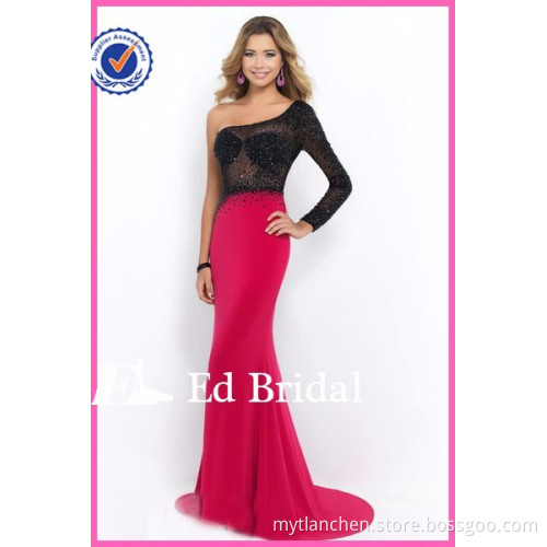 NN12 Fashion Beaded Black And Pink One Long Sleeve Mermaid Evening Dress 2015